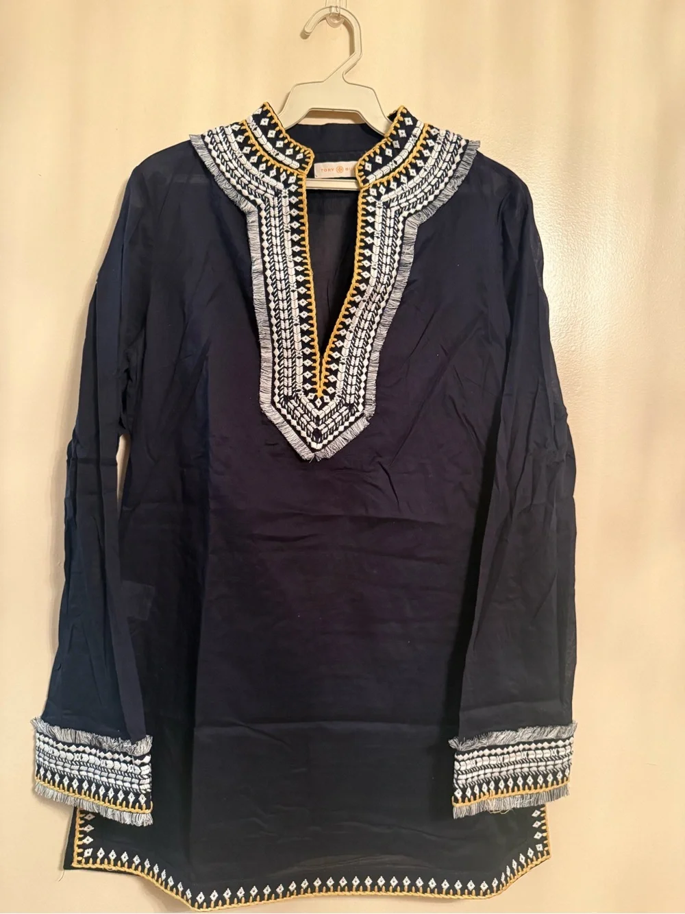 Tory Burch Navy Tunic Top with White Embroidery and Gold Trim